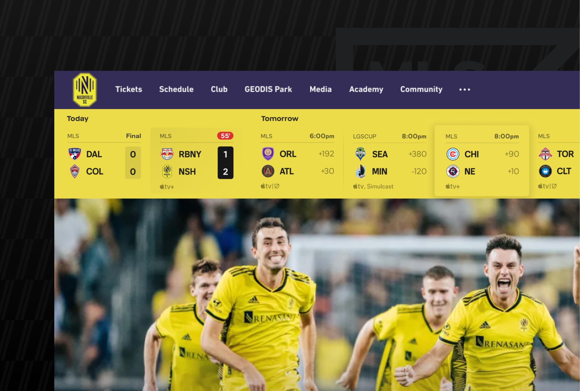 MLS club homepage with the live ticker